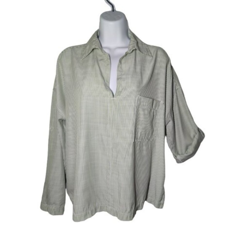 Max Studio Green White Striped Boxy Pullover Popover Top W Roll-Tab Sleeves S